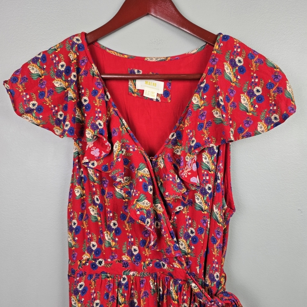 MAEVE BY ANTHROPOLOGIE Rosalia Wrap Dress Ruffled Floral Red Womens Size 12 - Picture 4 of 16